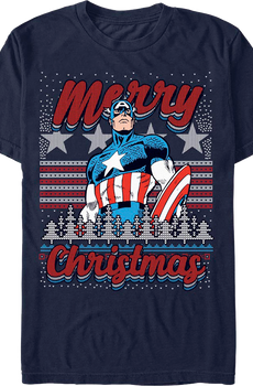 Captain America Merry Christmas Faux Ugly Sweater Marvel T-Shirt
