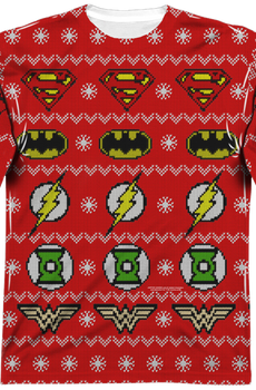 Justice League Sublimated Ugly Faux Christmas Sweater Long Sleeve Tee