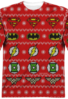 Justice League Sublimated Ugly Faux Christmas Sweater Long Sleeve Tee