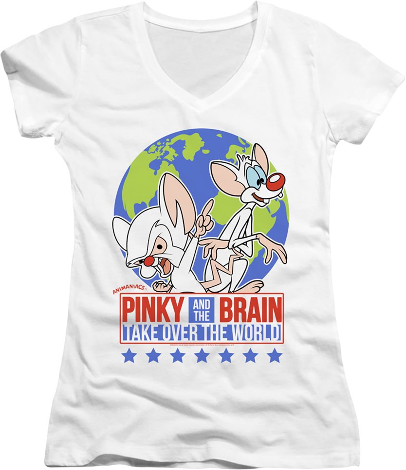Ladies Pinky And The Brain Take Over The World Animaniacs V-Neck Shirt - Pinky & The Brain Take Over The World