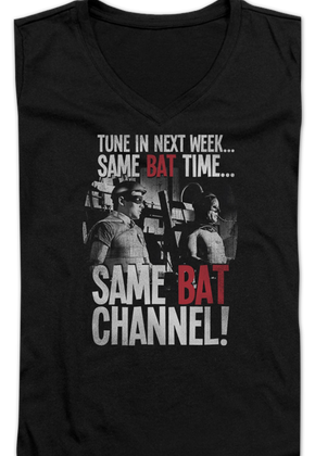 Ladies Same Bat Time Same Bat Channel Batman V-Neck Shirt