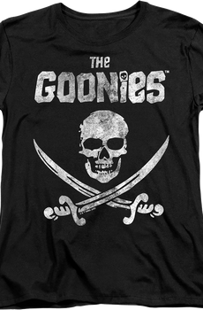Womens Black Vintage Skull & Crossed Swords Goonies Shirt