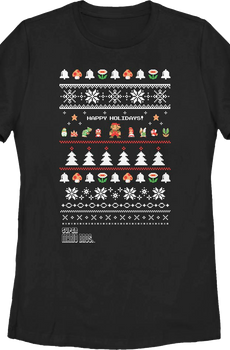 Womens Happy Holidays Faux Ugly Xmas Sweater Super Mario Bros. Shirt