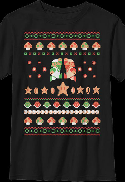 Boys Youth Luigi And Mario Faux Ugly Christmas Sweater Nintendo Shirt