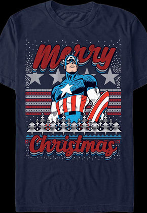 Captain America Merry Christmas Faux Ugly Sweater Marvel T-Shirt