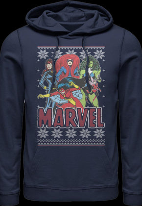 Super Heroines Faux Ugly Christmas Sweater Marvel Comics Hoodie