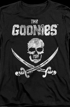 Womens Black Vintage Skull & Crossed Swords Goonies Shirt