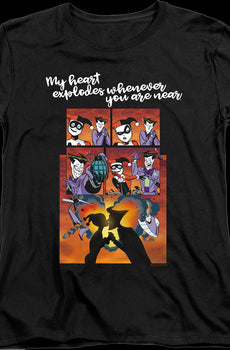 Womens Harley Quinn And The Joker Heart Explodes DC Comics Shirt