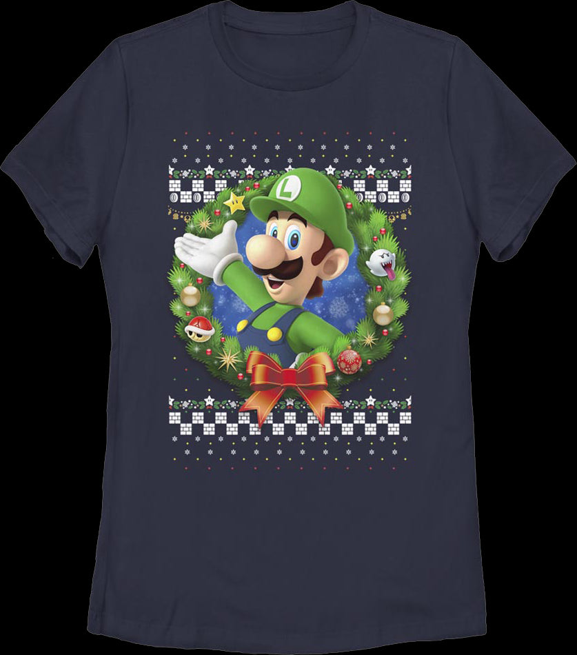 Womens Luigi Faux Ugly Christmas Sweater Nintendo Shirt