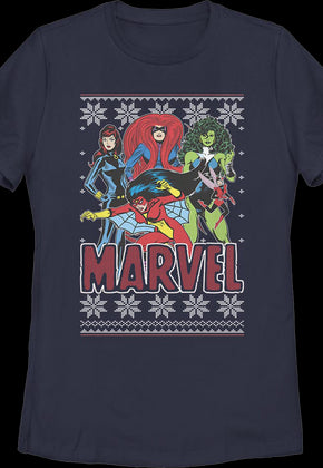 Womens Super Heroines Faux Ugly Christmas Sweater Marvel Comics Shirt