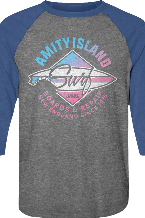 Amity Island Surf Board Repair Jaws Raglan Baseball Shirt - main product image