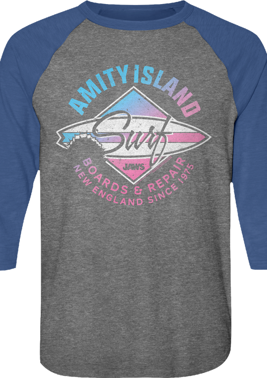 Amity Island Surf Board Repair Jaws Raglan Baseball Shirt - main product image