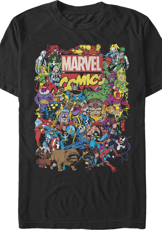 Black Greatest Characters Collage Marvel Comics T-Shirt - main product image