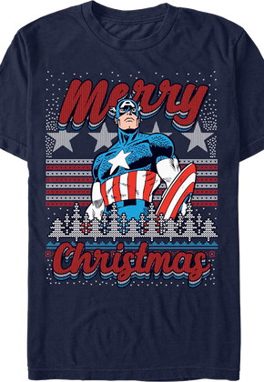 Captain America Merry Christmas Faux Ugly Sweater Marvel T-Shirt
