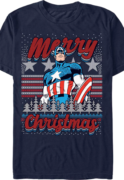 Captain America Merry Christmas Faux Ugly Sweater Marvel T-Shirt