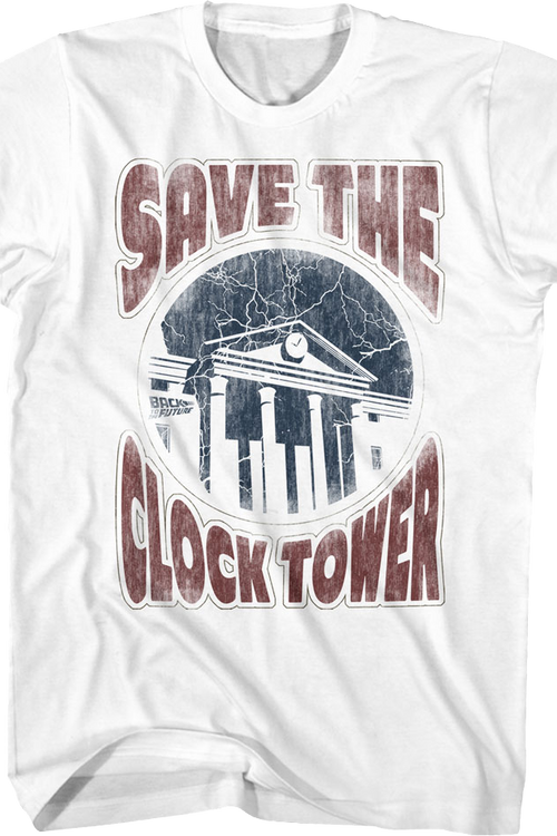Distressed White Save The Clock Tower Back To The Future T-Shirt - main product image