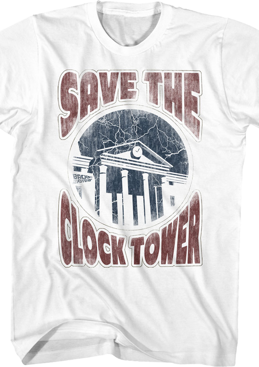 Distressed White Save The Clock Tower Back To The Future T-Shirt - main product image