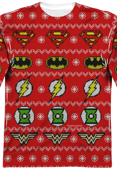 Justice League Sublimated Ugly Faux Christmas Sweater Long Sleeve Tee