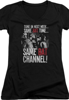 Ladies Same Bat Time Same Bat Channel Batman V-Neck Shirt