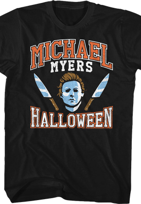 Michael Myers Mask And Knives Varsity Logo Halloween T-Shirt