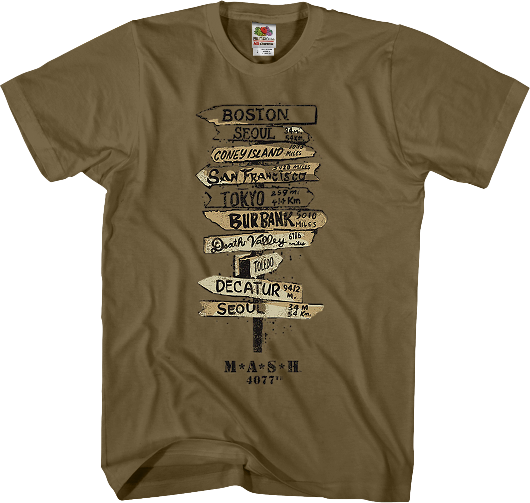 Signs MASH T-Shirt: Shows Distance From Korea to Different Cities