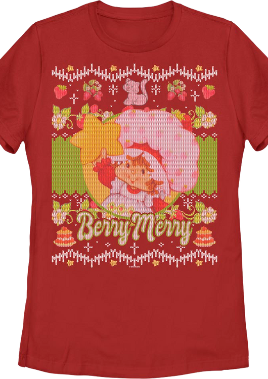 Womens Berry Merry Faux Christmas Sweater Strawberry Shortcake Shirt - main product image