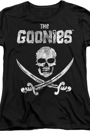 Womens Black Vintage Skull & Crossed Swords Goonies Shirt