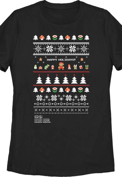 Womens Happy Holidays Faux Ugly Xmas Sweater Super Mario Bros. Shirt