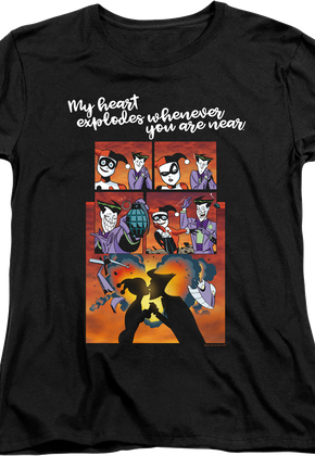 Womens Harley Quinn And The Joker Heart Explodes DC Comics Shirt