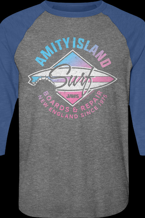 Amity Island Surf Board Repair Jaws Raglan Baseball Shirtmain product image