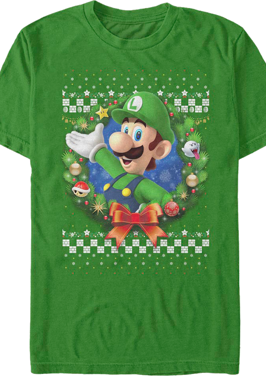 Luigi Faux Ugly Christmas Sweater Nintendo T-Shirt - main product image
