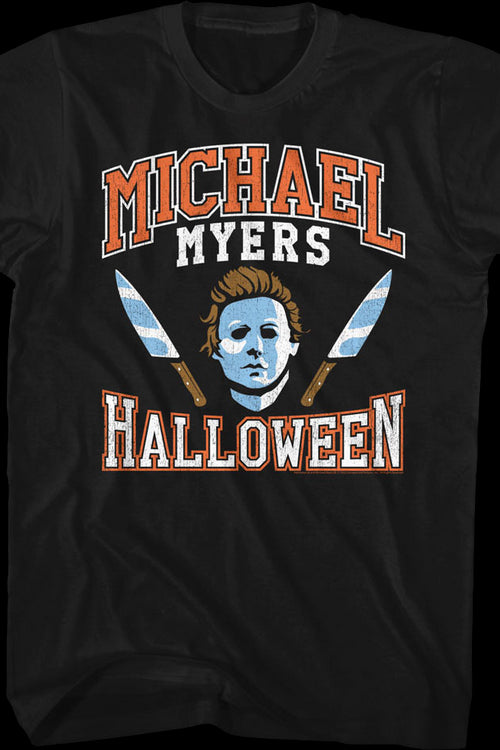 Michael Myers Mask And Knives Varsity Logo Halloween T-Shirtmain product image