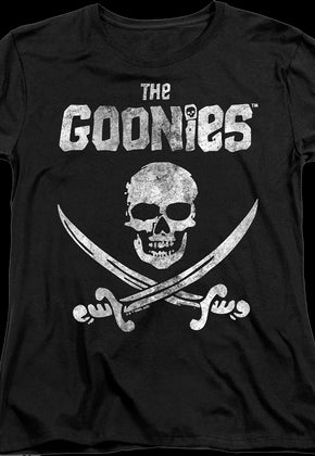 Womens Black Vintage Skull & Crossed Swords Goonies Shirt