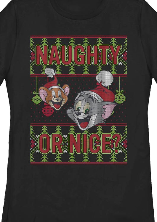 Womens Faux Ugly Knit Naughty Or Nice Tom And Jerry Christmas Shirt - main product image