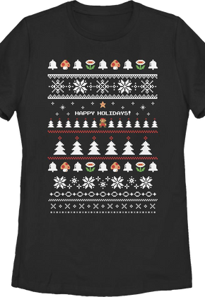 Black Womens Happy Holidays Faux Xmas Sweater Super Mario Bros. Shirt
