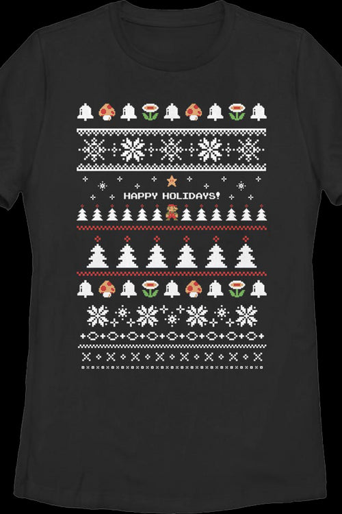 Black Womens Happy Holidays Faux Xmas Sweater Super Mario Bros. Shirtmain product image
