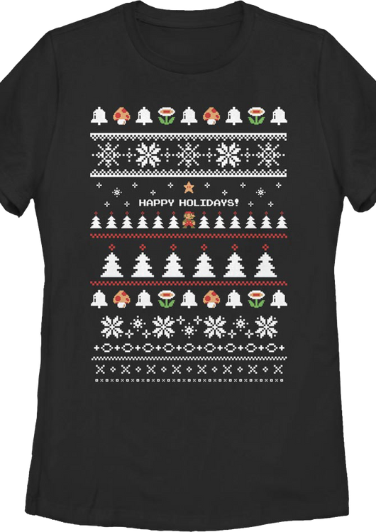 Black Womens Happy Holidays Faux Xmas Sweater Super Mario Bros. Shirt - main product image