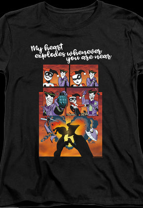 Womens Harley Quinn And The Joker Heart Explodes DC Comics Shirt