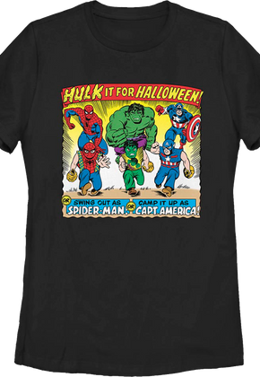 Womens Vintage Avengers Halloween Costumes Ad Marvel Comics Shirt