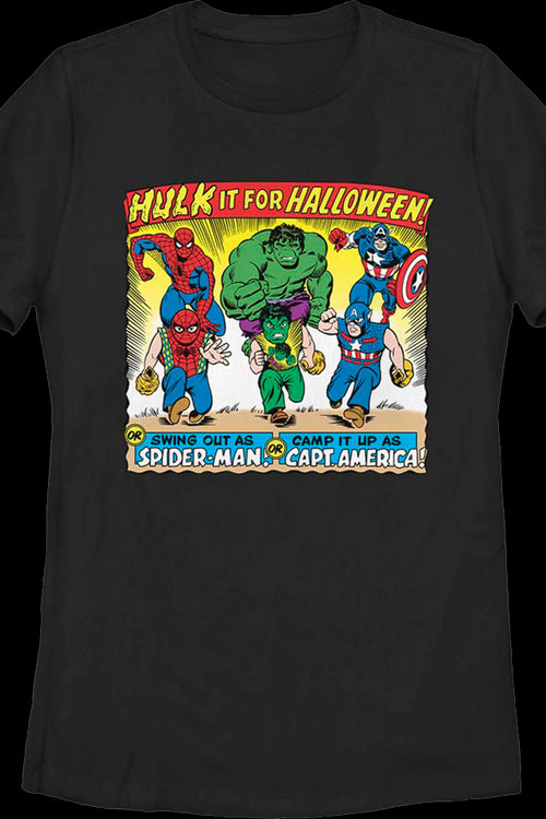 Womens Vintage Avengers Halloween Costumes Ad Marvel Comics Shirtmain product image