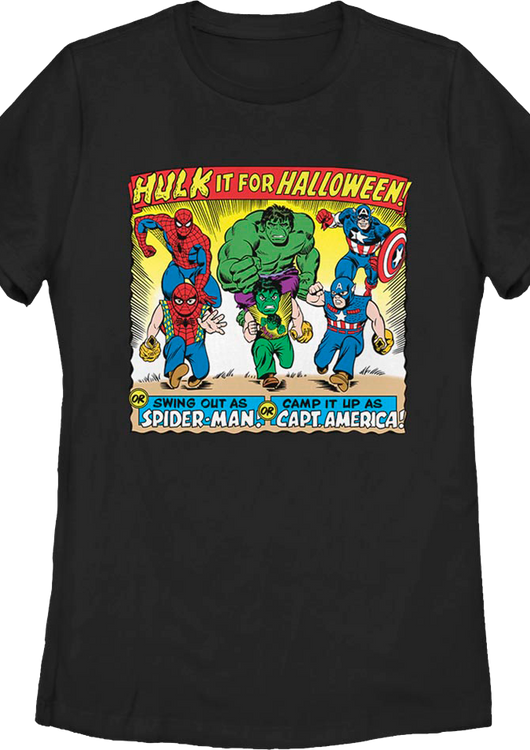Womens Vintage Avengers Halloween Costumes Ad Marvel Comics Shirt - main product image