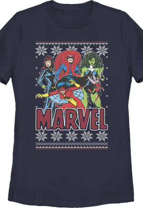 Womens Super Heroines Faux Ugly Christmas Sweater Marvel Comics Shirt