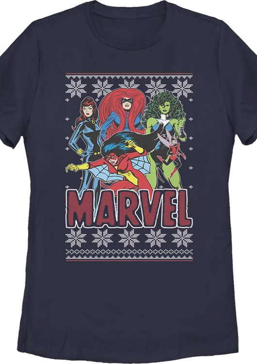 Womens Super Heroines Faux Ugly Christmas Sweater Marvel Comics Shirt - main product image